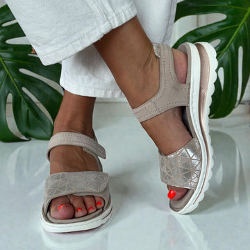 Womens Ara Tampa Beige Metallic Geometric Velcro Strap Sandals - Beige