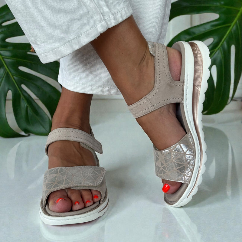 Womens Ara Tampa Beige Metallic Geometric Velcro Strap Sandals - Beige