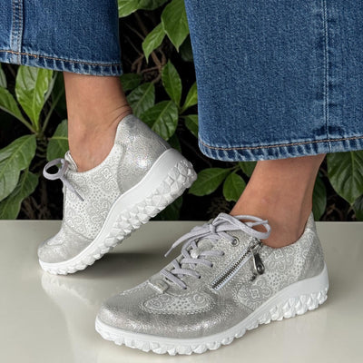 Womens Rieker 59501 Silver Floral Soft Leather Side Zip Shoes - Silver