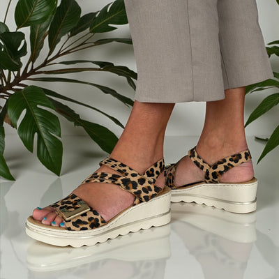Womens Rieker 67410 Diagonal Strap Wedge Sandals - Leopard