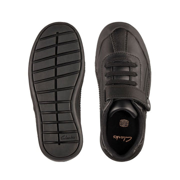 Junior Clarks Rock Pass Boys Velcro School Shoe - Black Leather - Black