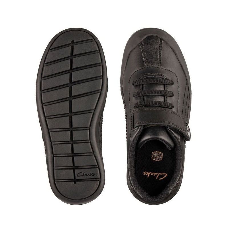 Junior Clarks Rock Pass Boys Velcro School Shoe - Black Leather - Black