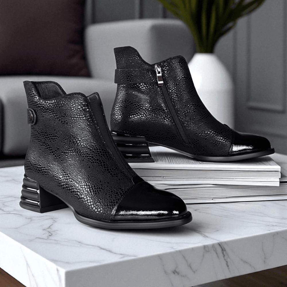 Womens Redz D6456 Black Reptile Feature Heel Ankle Boots