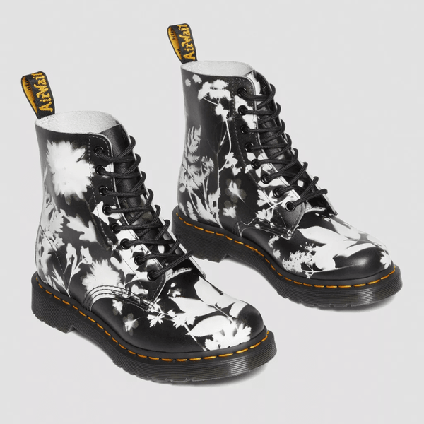 Womens Dr Martens 1460 Floral Shadow Smooth Leather Lace Up Boots - Black and White