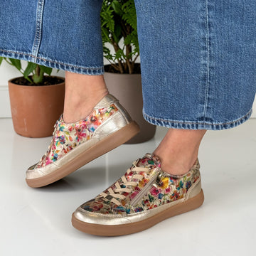 Womens Caprice 23759 Floral Gold Leather Side Zip Trainers - Gold