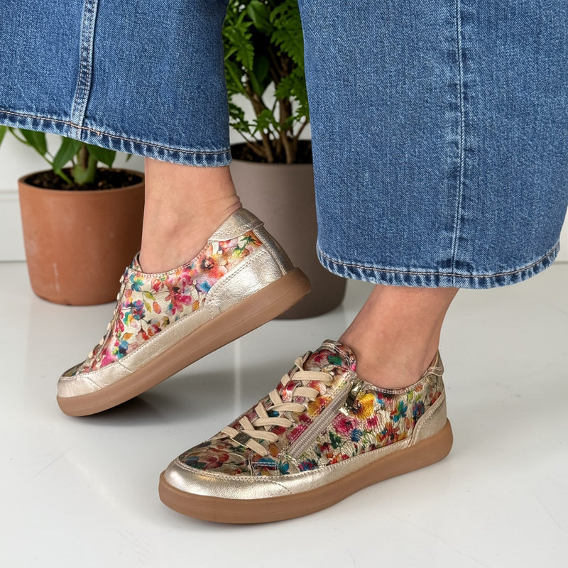 Womens Caprice 23759 Floral Gold Leather Side Zip Trainers - Gold