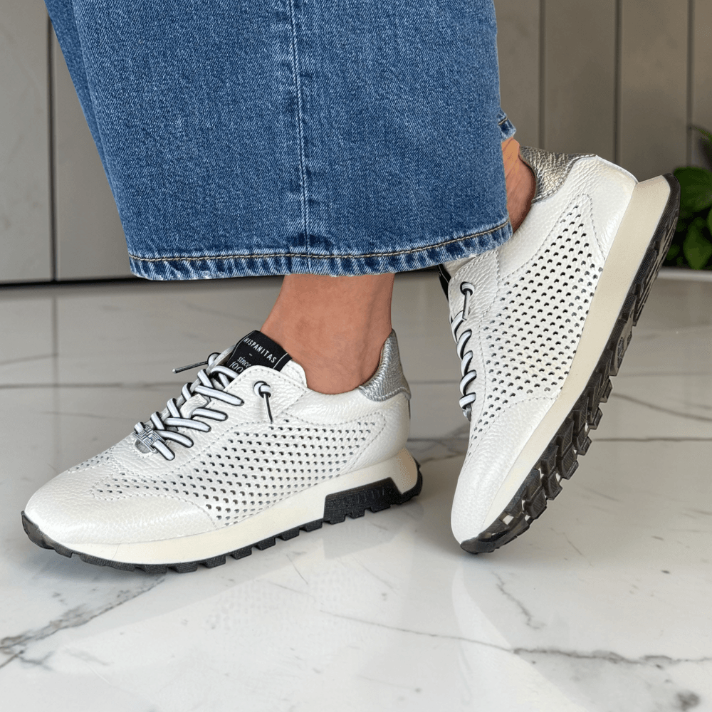 Womens Hispanitas HV264559 White and Silver Leather Perforated Trainers