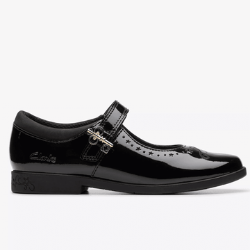 Junior Girls Clarks Lock Magic Black Patent School Shoes - - Black Patent