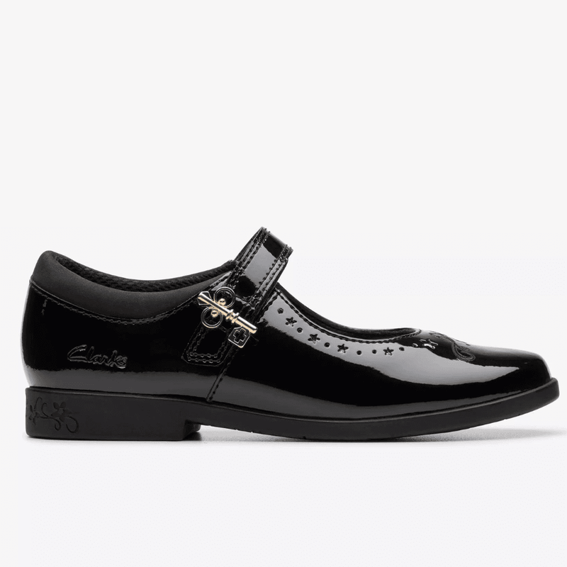 Junior Girls Clarks Lock Magic Black Patent School Shoes - - Black Patent
