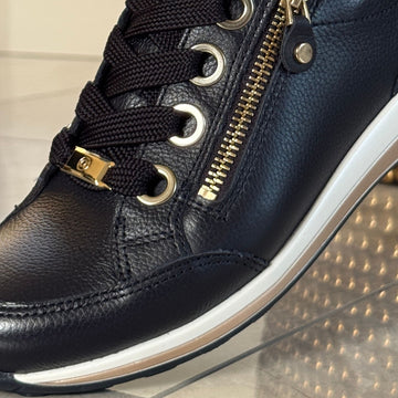 Womens Ara Osaka Dark Navy with Gold Side Zip Leather Trainers - Dark Navy and Gold
