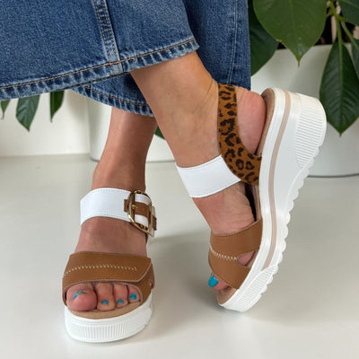Womens Redz T42 Leather Wedge Sandals - Tan Leopard