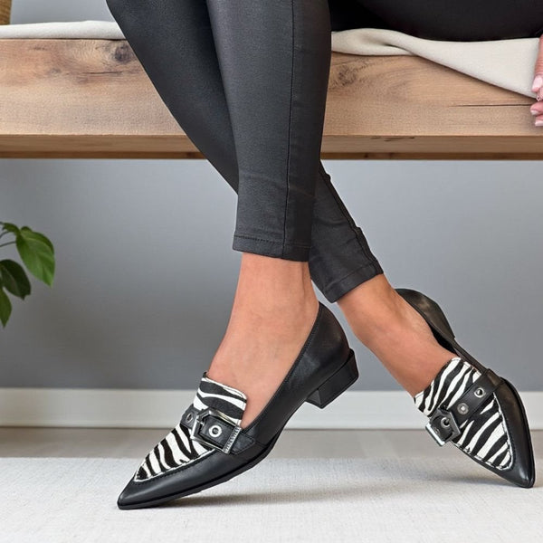 Womens Hispanitas 254262 Black with Zebra Pointed Toe Loafers - Turin