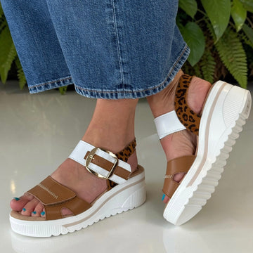 Womens Redz T42 Leather Wedge Sandals - Tan Leopard