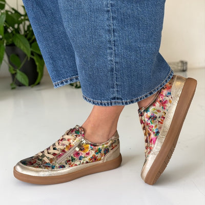 Womens Caprice 23759 Floral Gold Leather Side Zip Trainers - Gold
