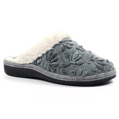 Womens Lunar Wilder Floral Faux Fur Trim Mule Slippers - Grey