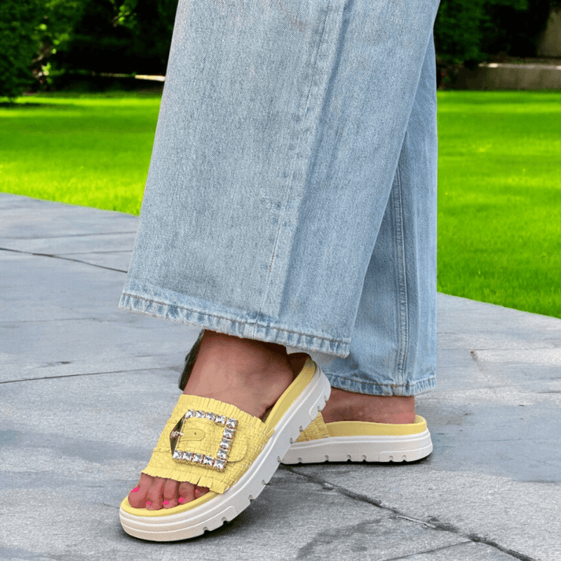 Womens Bagatt Yellow Raffia Sliders - Yellow