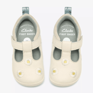 Infant Girls Clarks Roamer Flora Floral T-Bar Velcro Strap Pre Walker Shoes - Cotton Combi