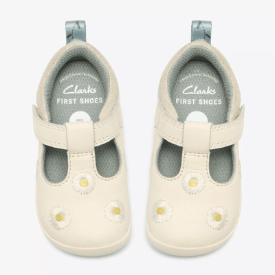 Infant Girls Clarks Roamer Flora Floral T-Bar Velcro Strap Pre Walker Shoes - Cotton Combi