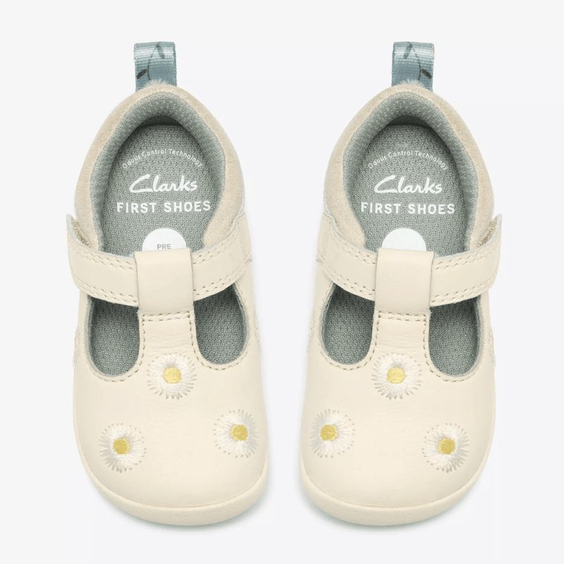 Infant Girls Clarks Roamer Flora Floral T-Bar Velcro Strap Pre Walker Shoes - Cotton Combi