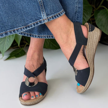 Womens Rieker 624H6 Navy Circle Brooch Wedge Sandals - Navy