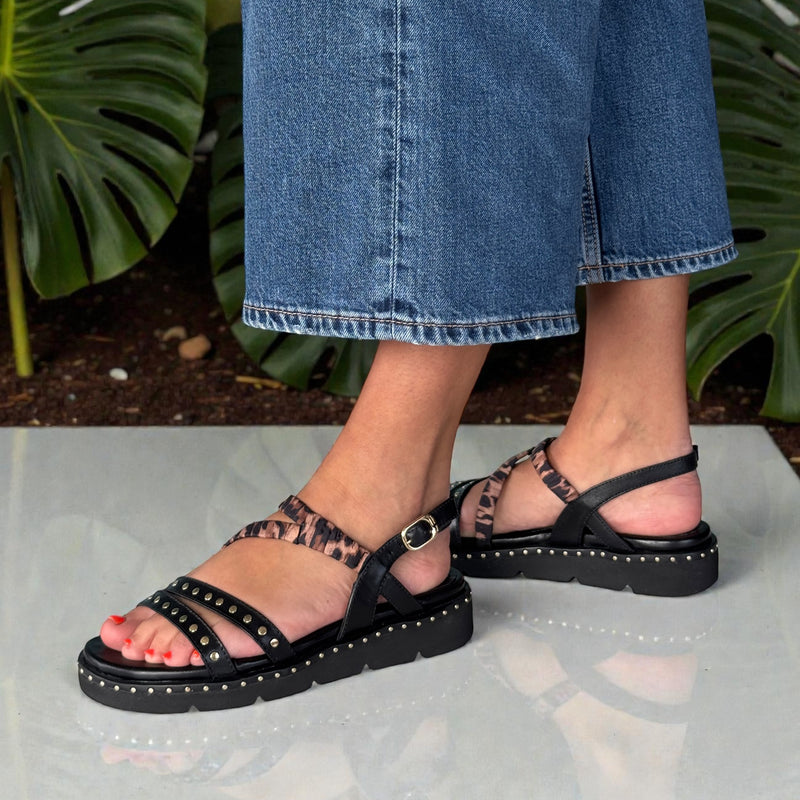 Womens Tamaris 28227 Black and Leopard Sandals - Black Comb