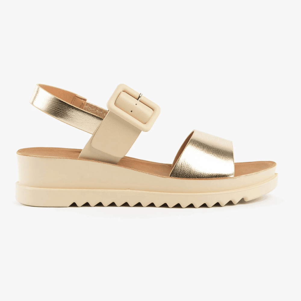 Womens Heavenly Feet Pistachio Gold Beige Low Wedge Sandals