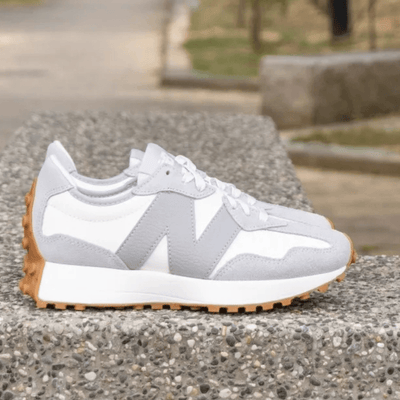 New Balance Womens 327 Leather Trainers - White and Grey-Raincloud with reflection
