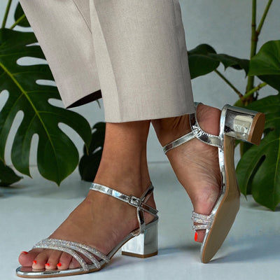 Womens Lunar Amie Silver Diamante Strap Block Heel Sandals - Silver
