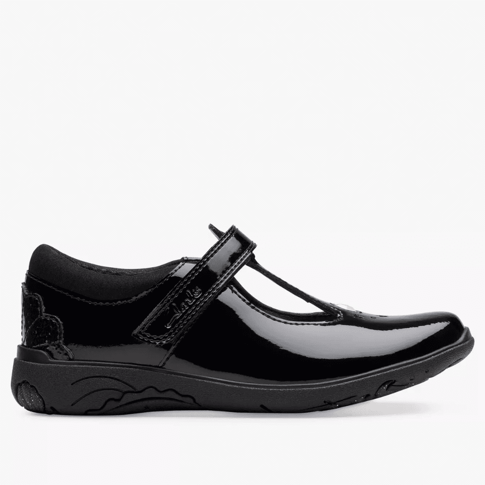 Junior Girls Clarks Relda Gem Black Patent T-Bar School Shoes