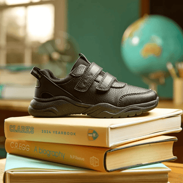 Junior Boys Clarks Feather Shine Black Velcro School Shoes - Black