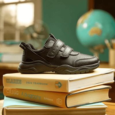 Junior Boys Clarks Feather Shine Black Velcro School Shoes - Black