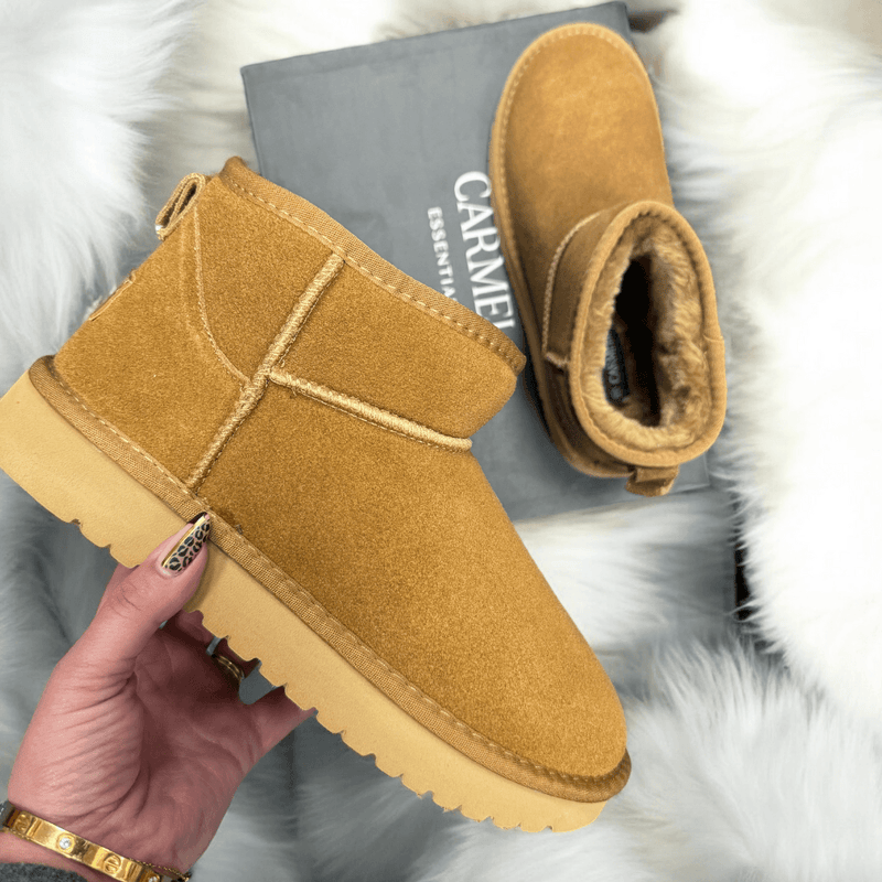 Womens Carmela 162007 Camel Suede Fur Lined Booties - Camel
