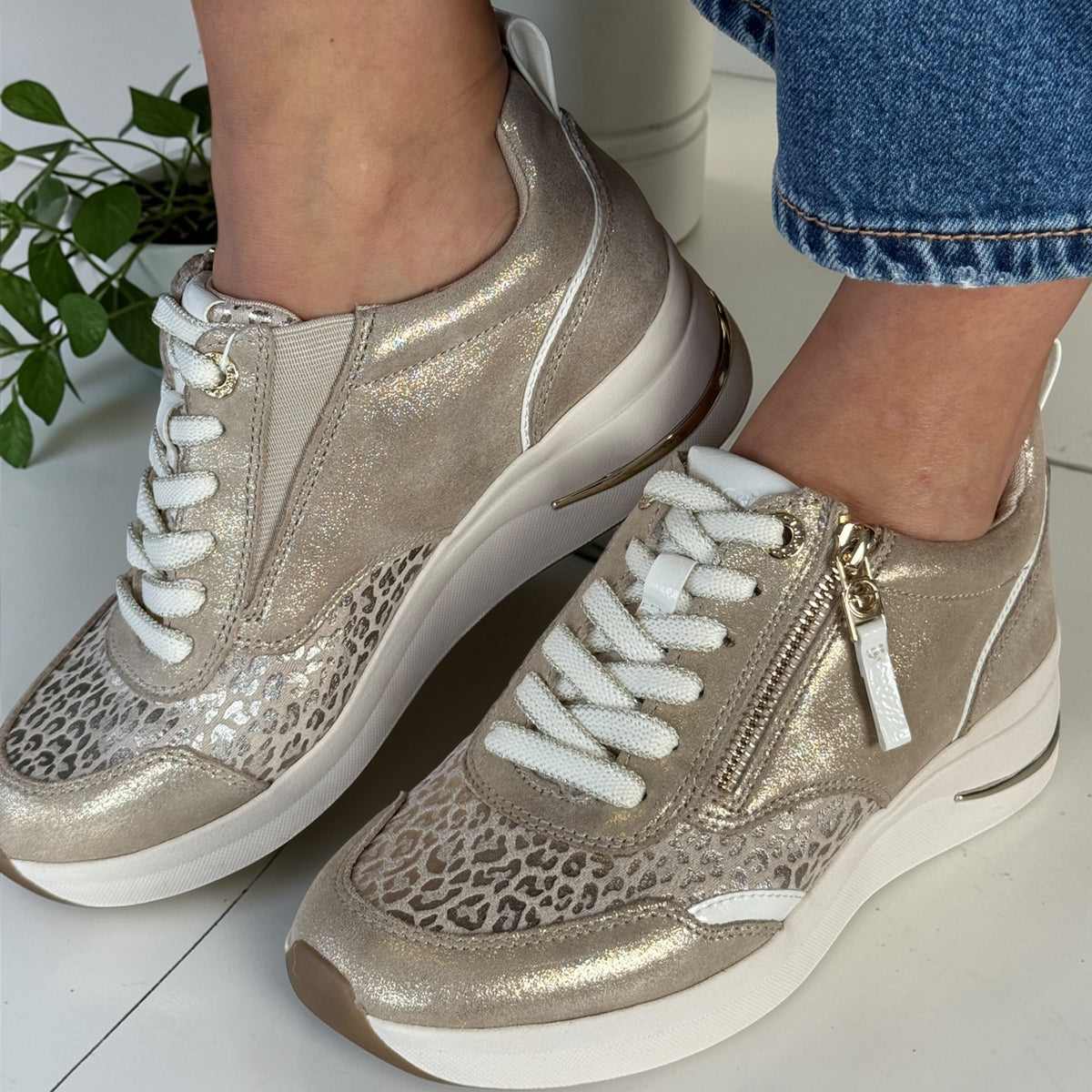 Womens Tamaris Comfort 83714 Beige Leopard Print Side Zip Wedge Trainers