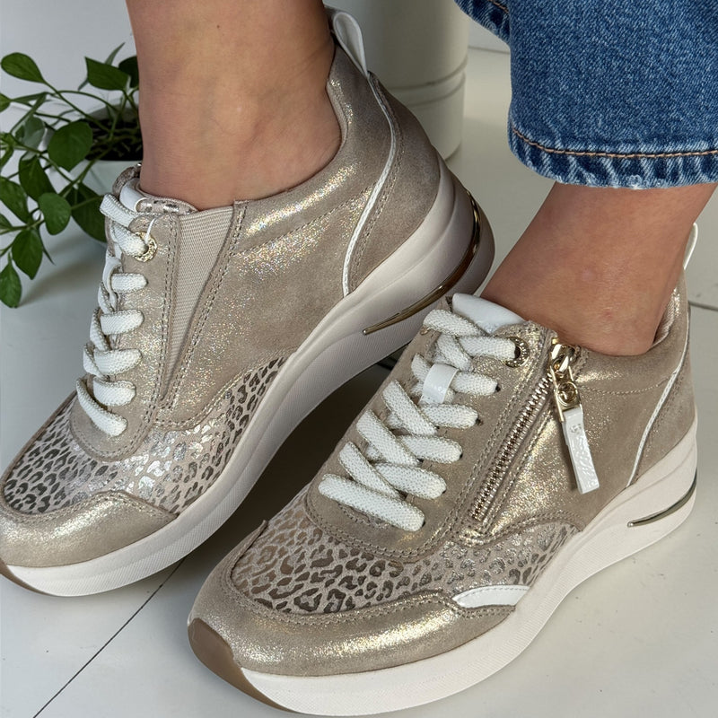 Womens Tamaris Comfort 83714 Beige Leopard Print Side Zip Wedge Trainers - Beige Gold