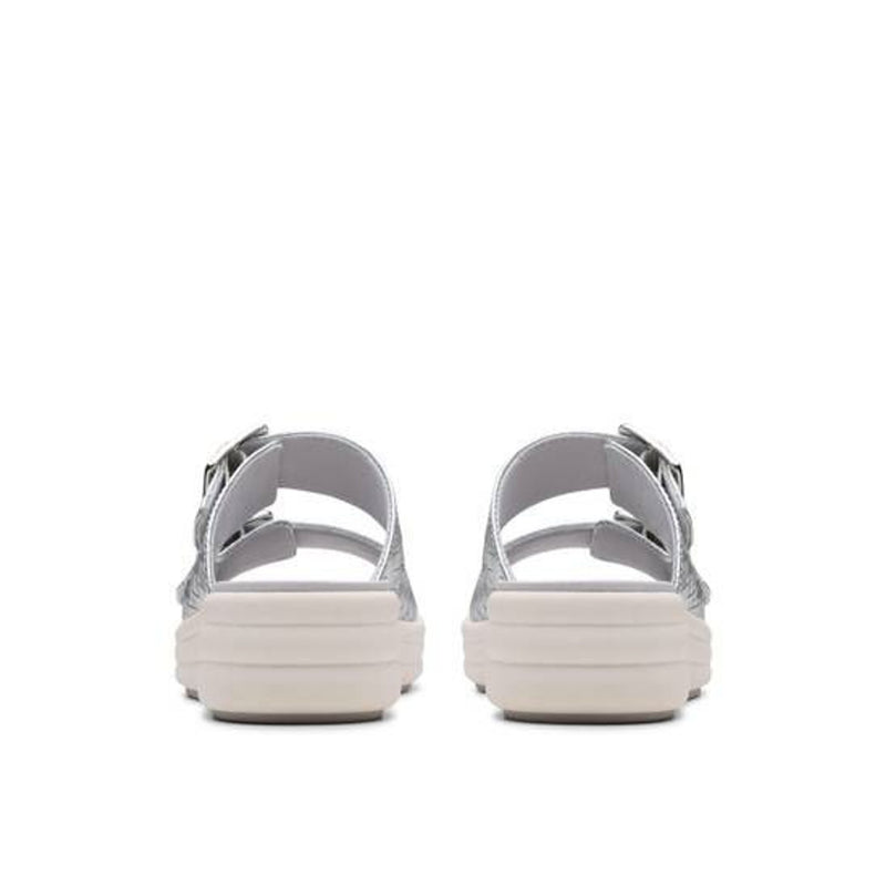 Womens Clarks Drift Buckle Silver Metallic Wedge Sandals - Silver Metallic