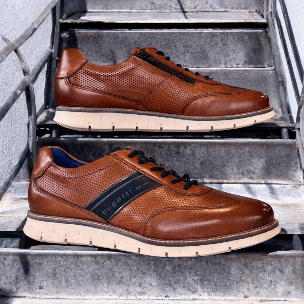 Bugatti Mens ARY01 Cognac Perforated Side Zip Trainers