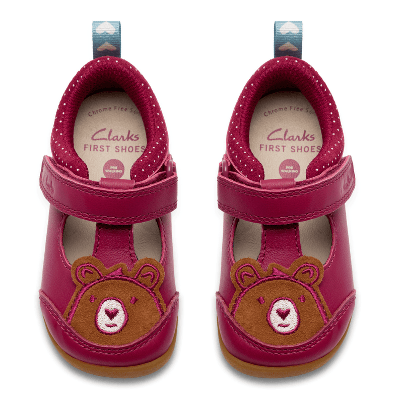 Infant Girls Clarks Roamer Hope Berry T-Bar Velcro Strap Pre Walker Shoes - Berry - Burgundy