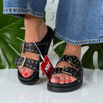 Womens Xti 145083 Double Buckle Sliders - Black