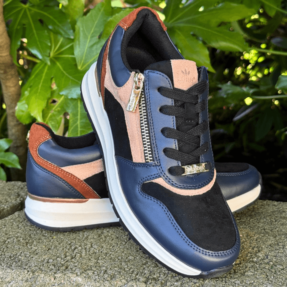 Womens Lotus Venus Navy and Tan Side Zip Wedge Trainers