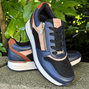 Womens Lotus Venus Navy and Tan Side Zip Wedge Trainers - Navy
