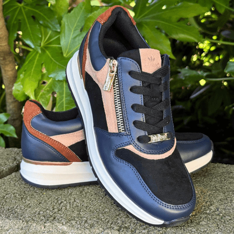Womens Lotus Venus Navy and Tan Side Zip Wedge Trainers - Navy