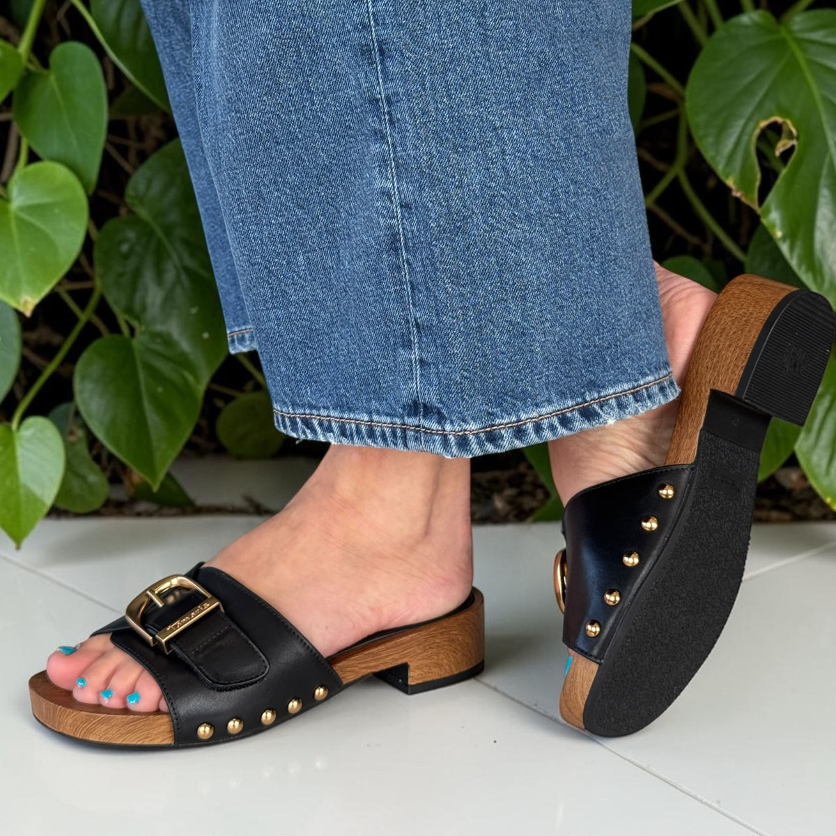 Womens Tamaris 27312 Black Studded Mule Sandals