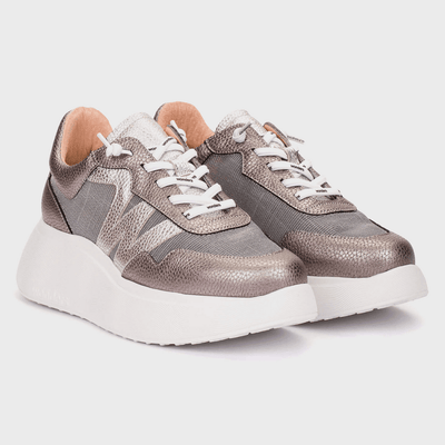 Womens Wonders A-3640 Pewter Metallic Textured Platform Elasticated Trainers - Pewter Metallic