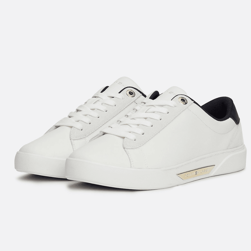 Womens Tommy Hilfiger Metal Hardware Leather Court Trainers - Ecru
