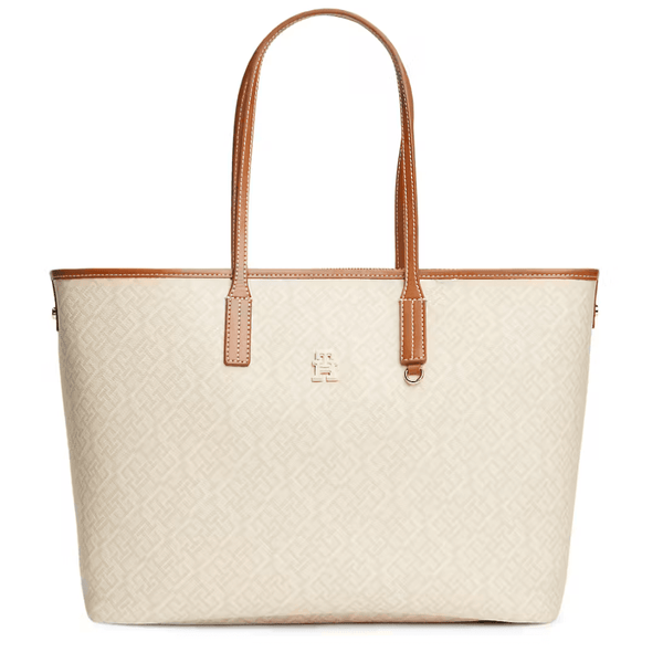 Womens Tommy Hilfiger Monogram Tote Bag and Pouch - Beige Mix