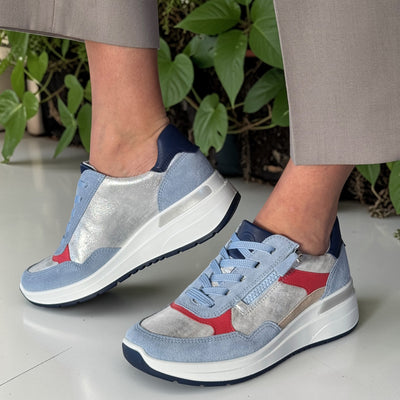 Womens ara 57702 Blue And Silver Garda Wedge Trainer with Zip and Lace - Blue And Silver