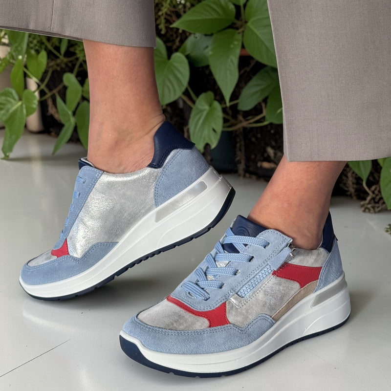 Womens ara 57702 Blue And Silver Garda Wedge Trainer with Zip and Lace - Blue And Silver