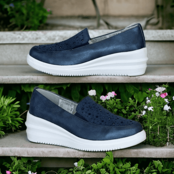 Womens Heavenly Feet Charly Navy Diamante Wedge Shoes - Navy