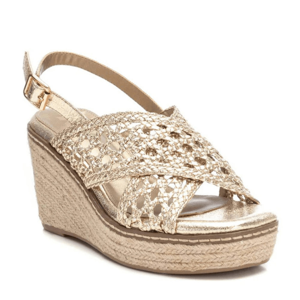 Womens Xti 142746 Gold Woven Crossover Wedge Sandals