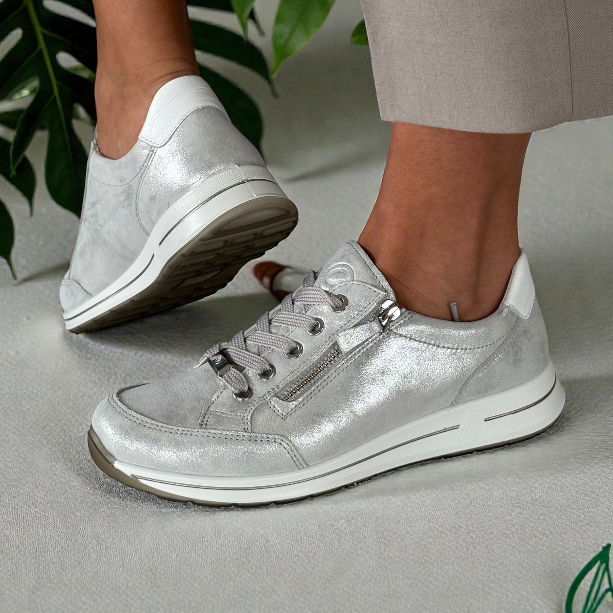 Womens Ara Osaka Silver and White Metallic Lace and Side Zip Trainers